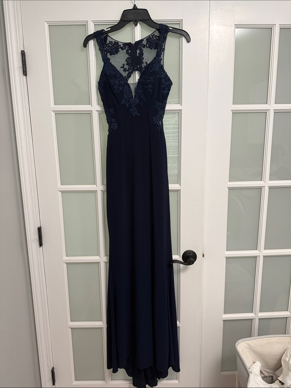 Faviana Navy Beaded Illusion Neckline Prom Dress